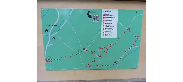 Das Bild zeigt die Karte des Eulenwegs. Darauf ist der Eulenweg in rot gestrichelt eingezeichnet.