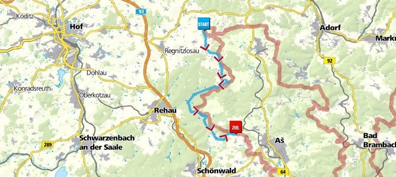 Das Bild zeigt eine Karte, auf der der Ostweg mit blau markiert ist.