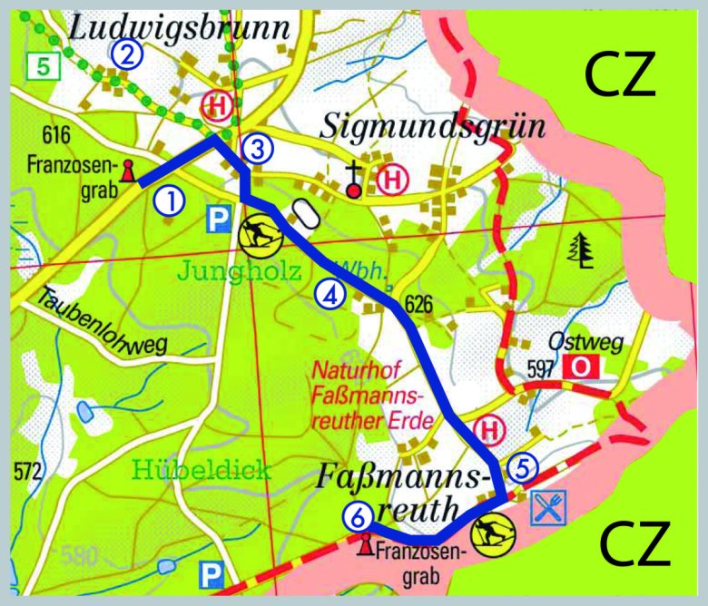 Die Grafik zeigt eine Karte, in welcher der Themenweg Franzosengräber in blau eingezeichnet ist.