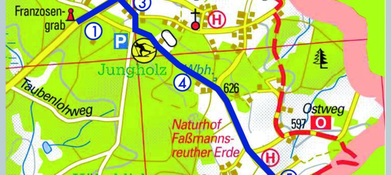 Die Grafik zeigt eine Karte, in welcher der Themenweg Franzosengräber in blau eingezeichnet ist.