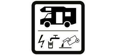 Das Bild zeigt ein Verkehrszeichen, welches auf einen Wohnmobilstellplatz hindeutet.